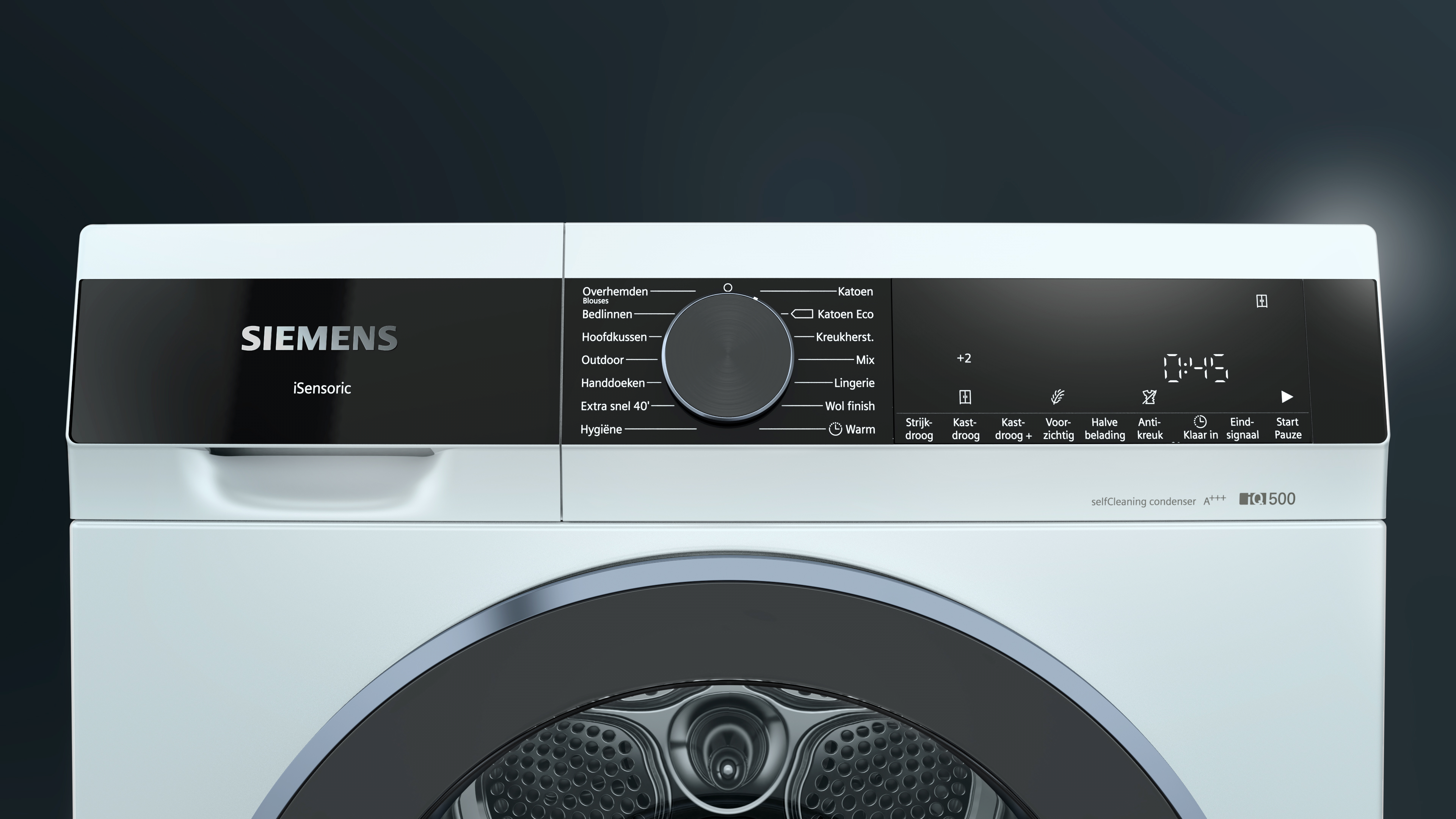 A white Siemens dryer with a black control panel. It has a dial, a digital display, and various program options.