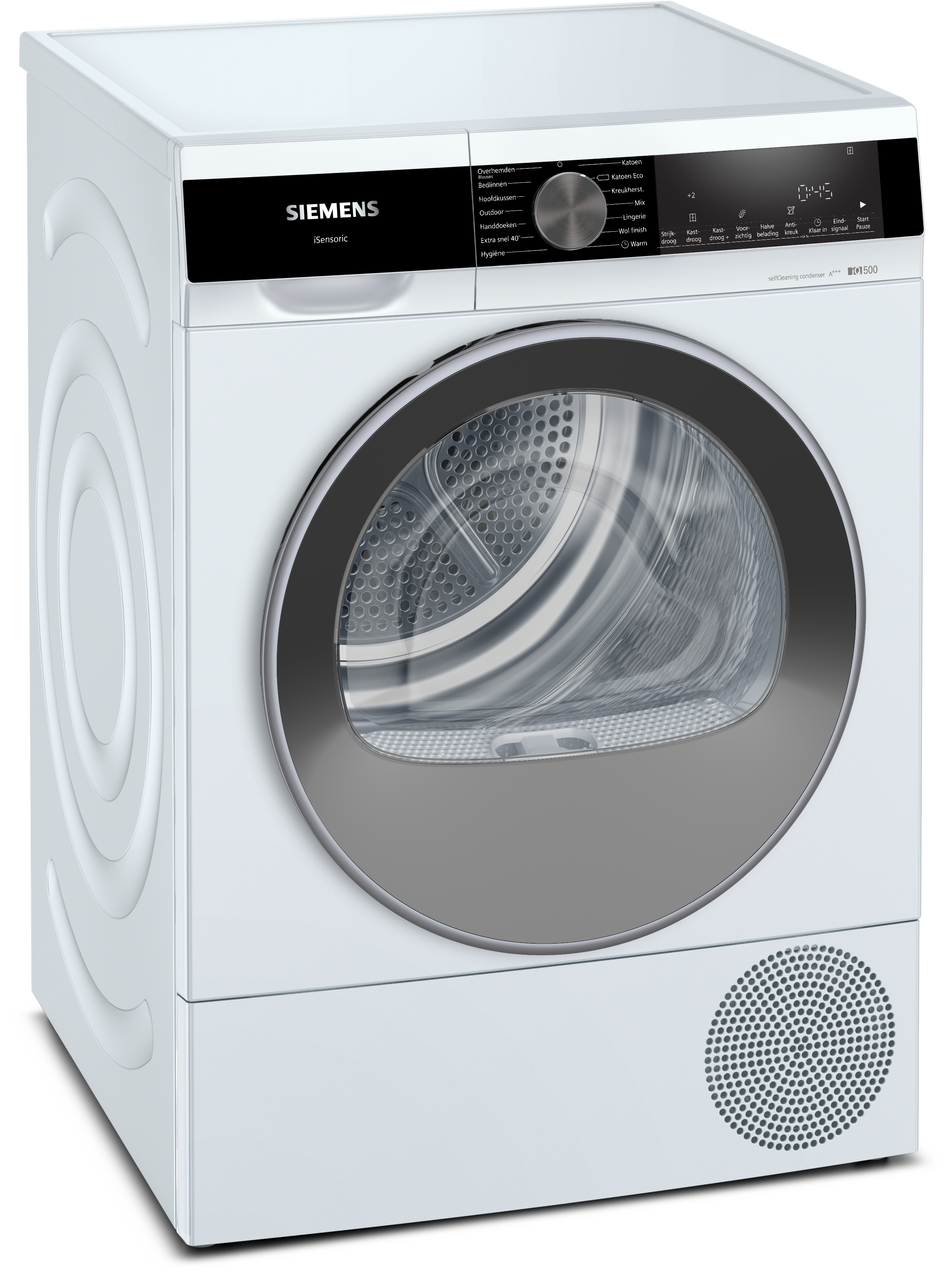White Siemens dryer. The door is dark with a silver trim. Digital display.