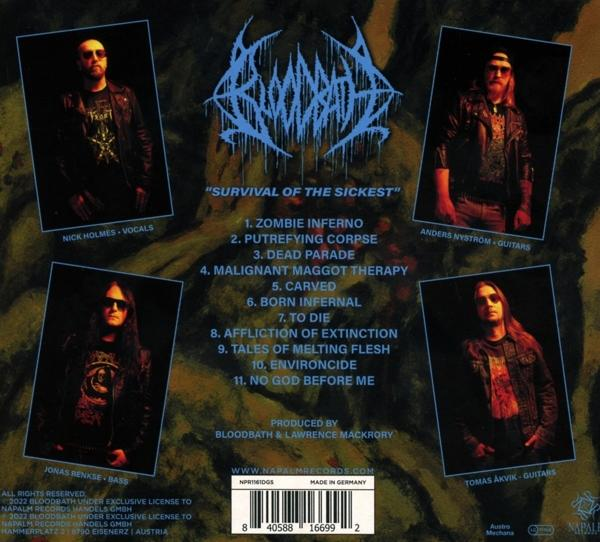CD-Cover mit Bandmitgliedern und dem Albumtitel "Survival of the Sickest".