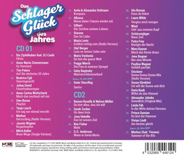 Albumcover mit Text und Titellisten für Schlager Glück des Jahres.