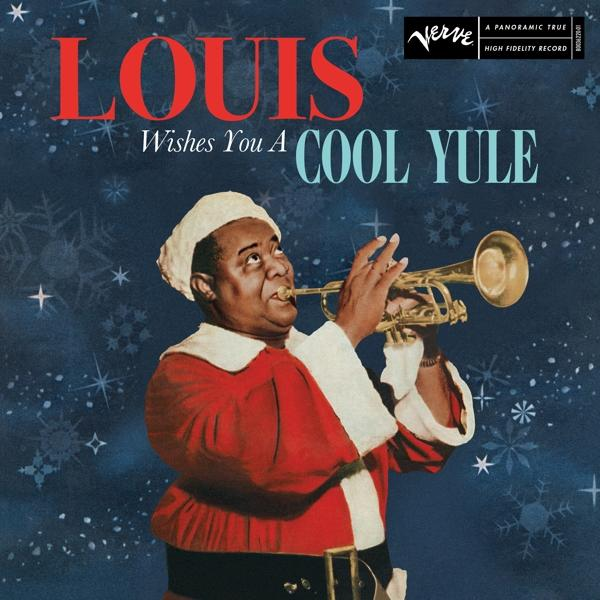 Pochette d'album pour Louis Armstrong. Il porte un bonnet de Père Noël et joue de la trompette. Flocons de neige et fond bleu.