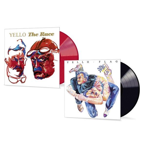 Zwei Yello-Albumcover. Eines mit zwei Gesichtern, ein anderes mit ringenden Männern. Rote Schallplatte.