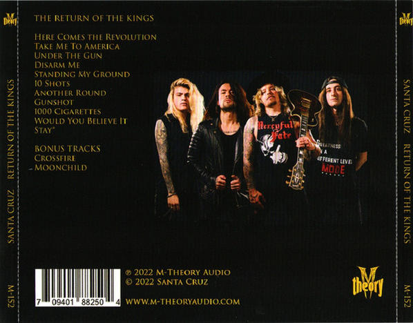 Santa Cruz Musik-CD-Cover. Zeigt Bandmitglieder und Trackliste, mit schwarzem Hintergrund.