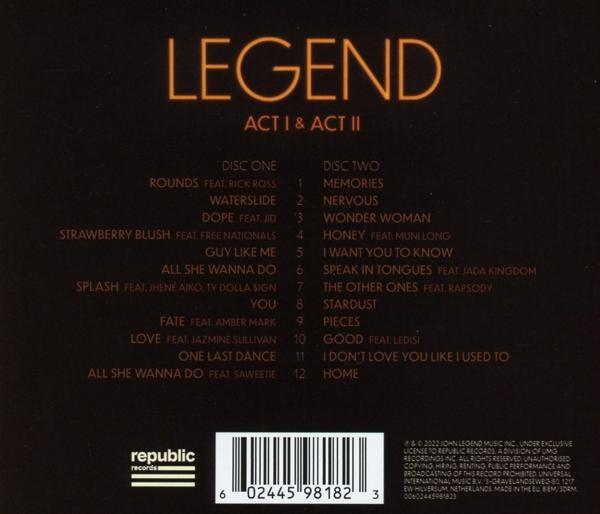 Rückseite eines Legend Albums, mit Trackliste und Republic Records Logo.