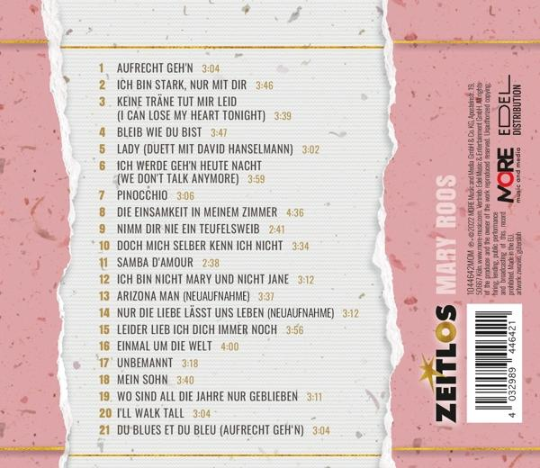 Rückseite einer CD-Hülle mit Titelliste. Rosa, weiß und goldfarben. Text ist deutsch.