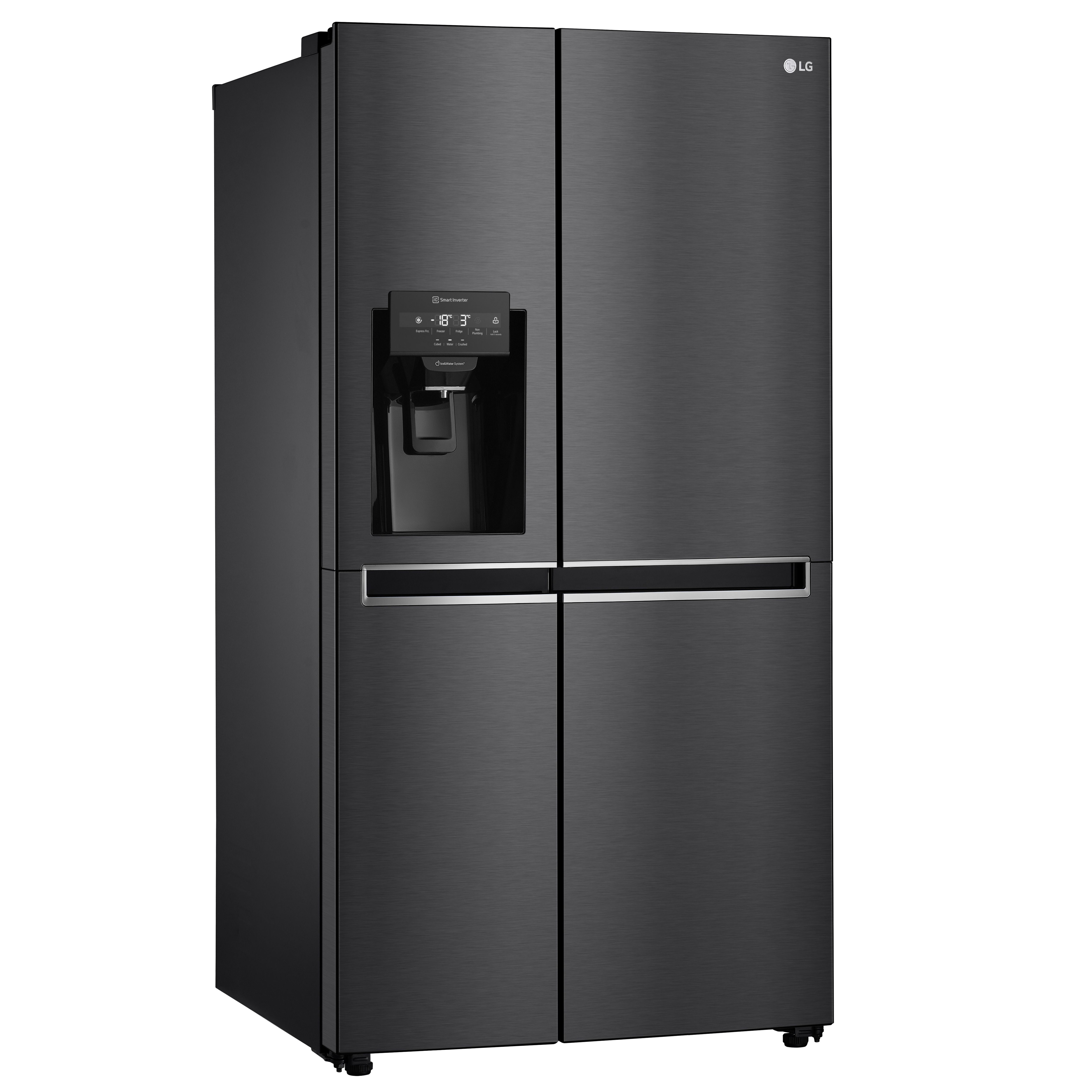 Schwarzer LG Kühlschrank mit vier Türen, einem Wasserspender und digitaler Anzeige.