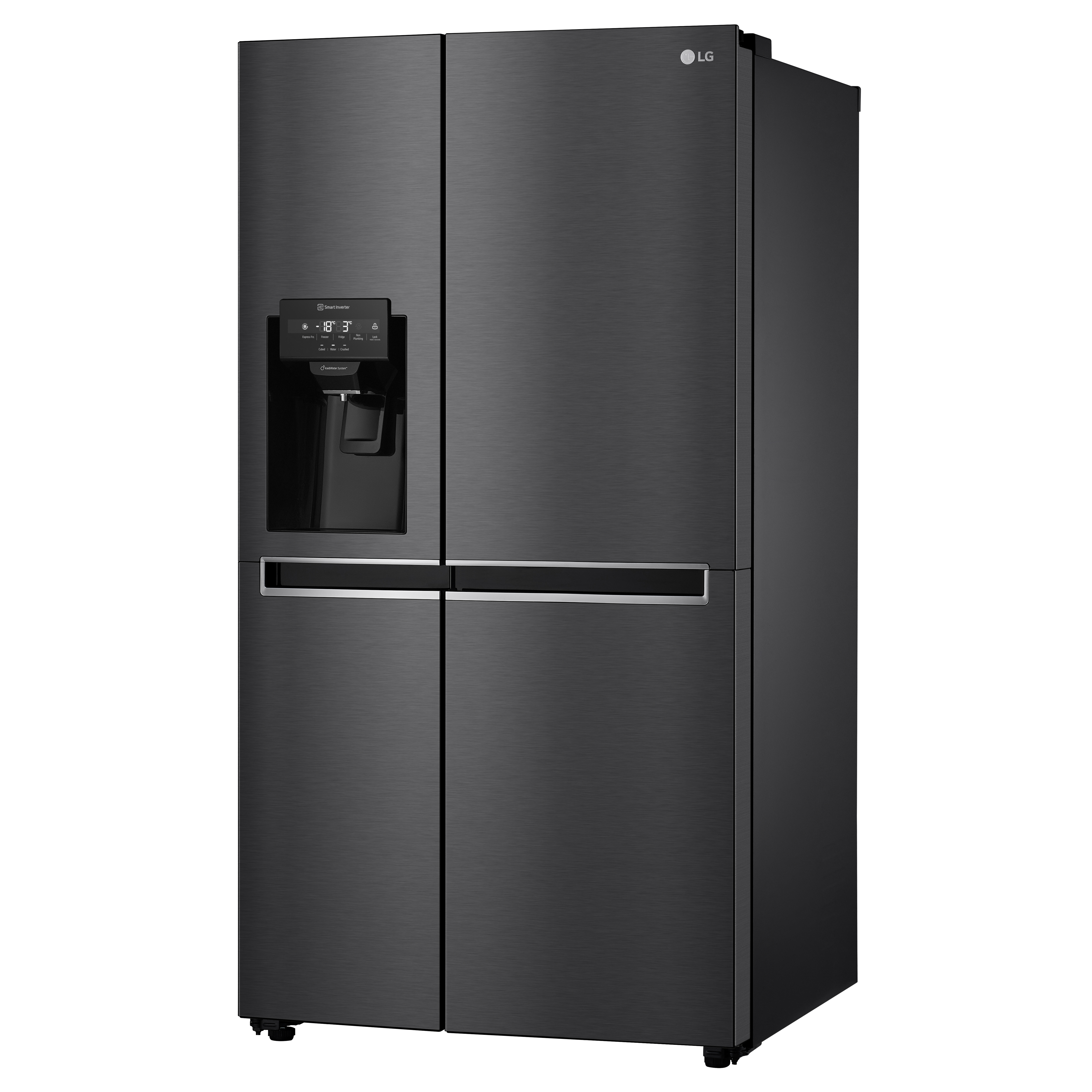 Ein schwarzer LG Kühlschrank. Er hat zwei Türen und einen Wasserspender.