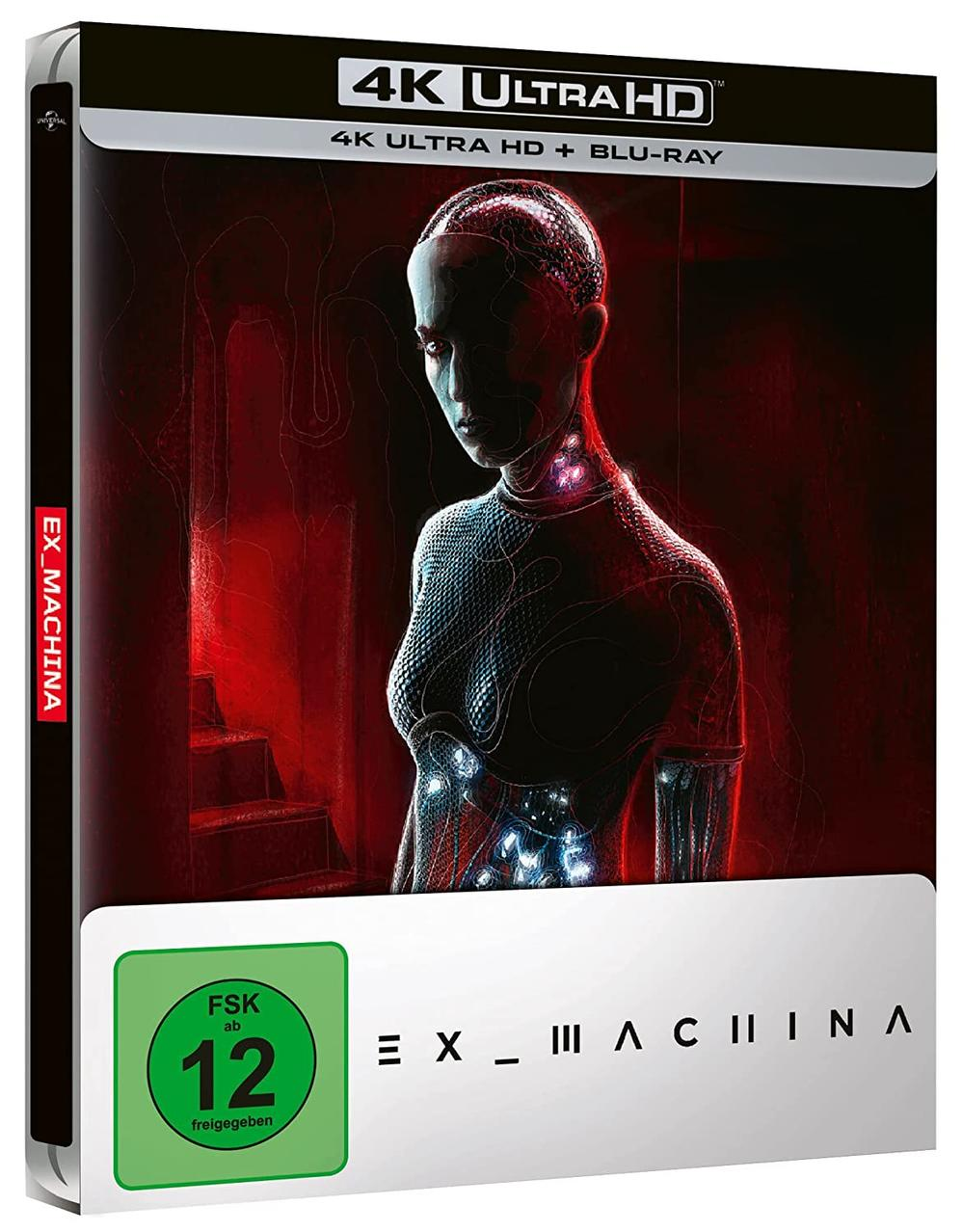 Ex Machina Blu-Ray Cover mit futuristischer Frau und rotem Hintergrund.