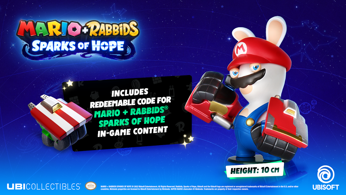Egy Mario-stílusú Rabbid figura piros kesztyűben és kék kantáros nadrágban kék háttéren.