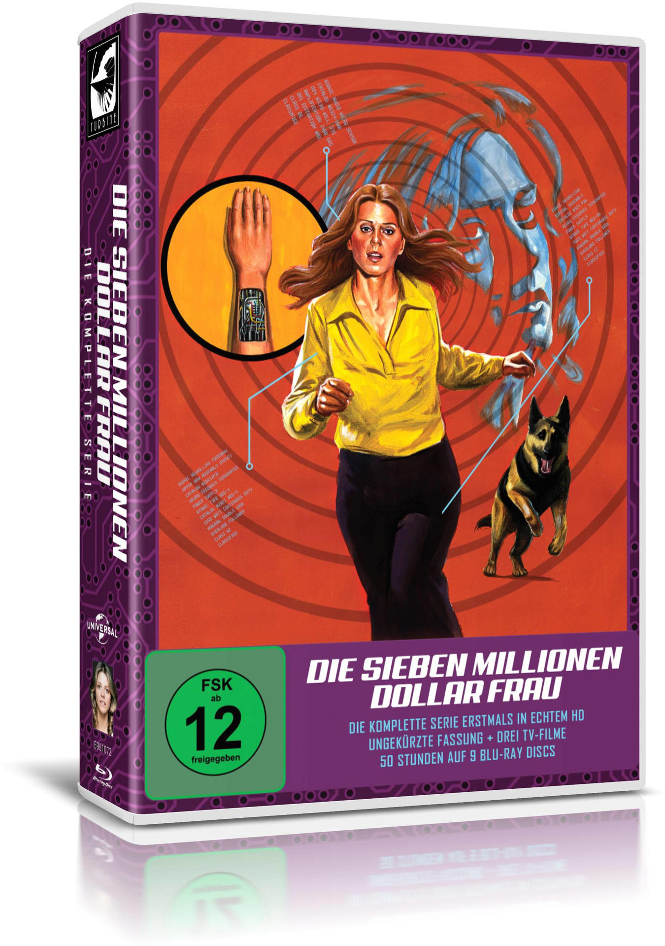 DVD-Hülle, Die Sieben Millionen Dollar Frau mit einer rennenden Frau. Ein Hund ist neben ihr.