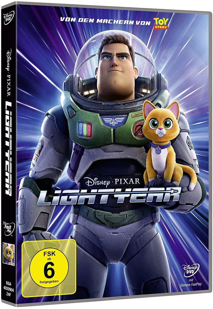 Lightyear DVD-Box-Art. Buzz Lightyear und eine Katze sind zu sehen. Der Hintergrund ist Weltraum-Themen.