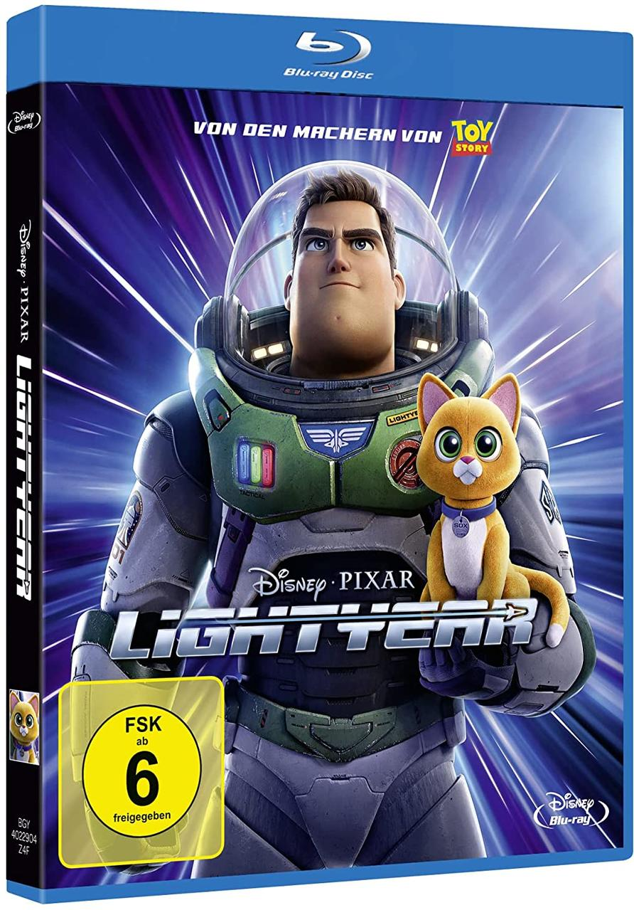 Blu-Ray-Disc-Cover-Art des Films Lightyear. Buzz Lightyear und eine Katze sind zu sehen.