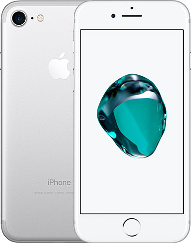Gümüş bir iPhone 7'nin önden ve arkadan iki görünümü.