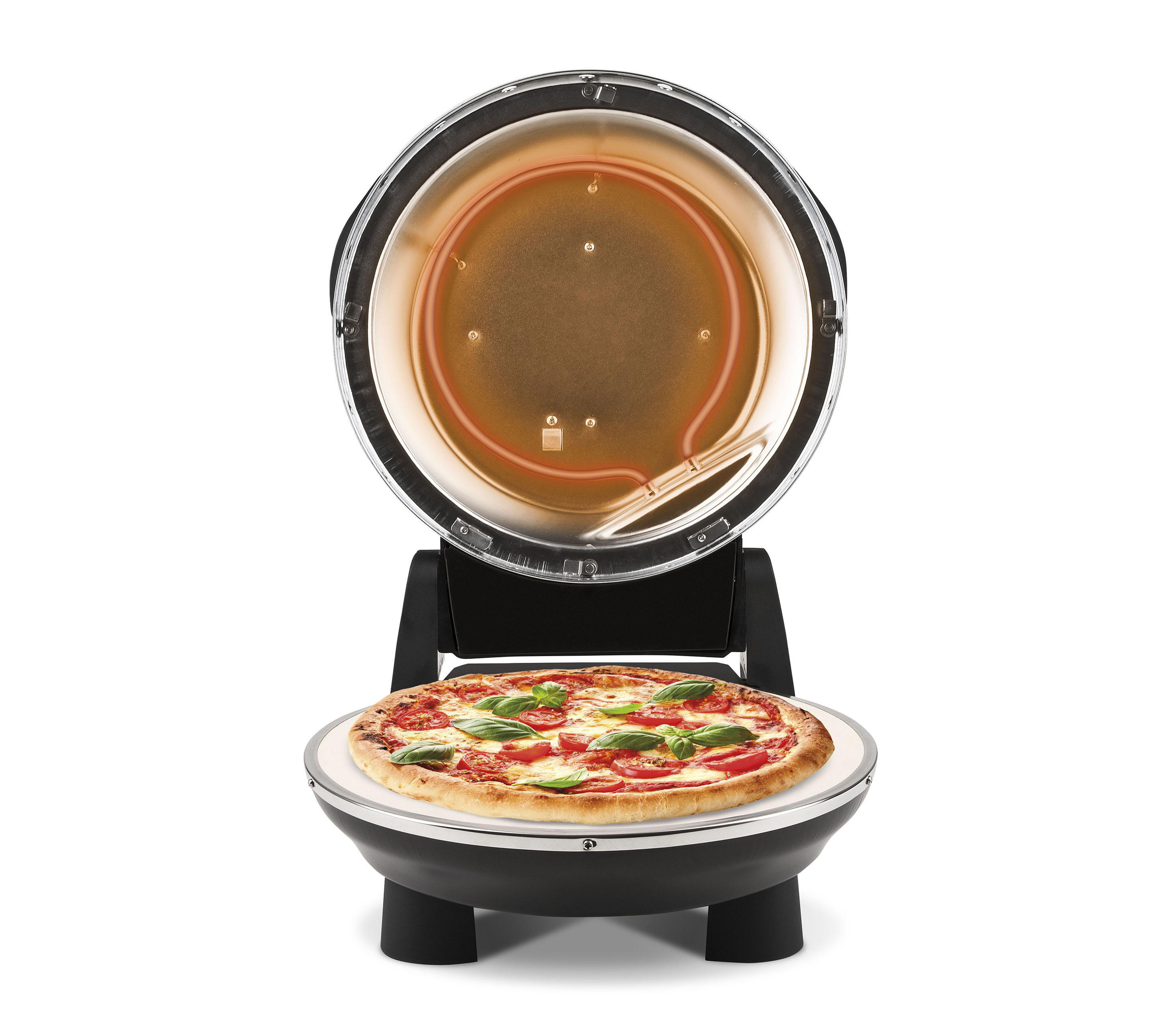 Ein Pizzaofen mit einer Pizza im Inneren. Der Ofen ist geöffnet.