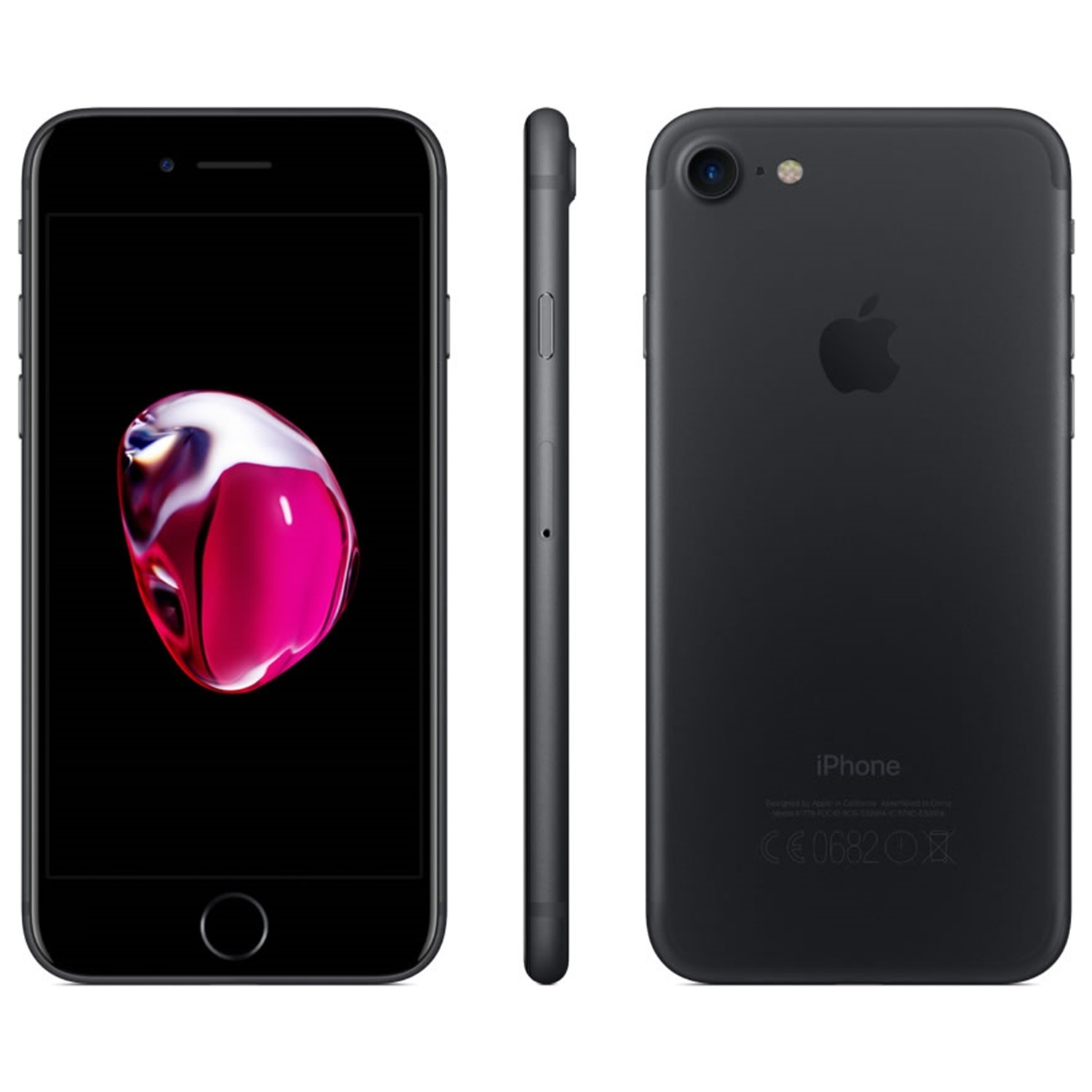 Apple logosu ve kamerası ile ön ve arkası gösterilen siyah iPhone 7.