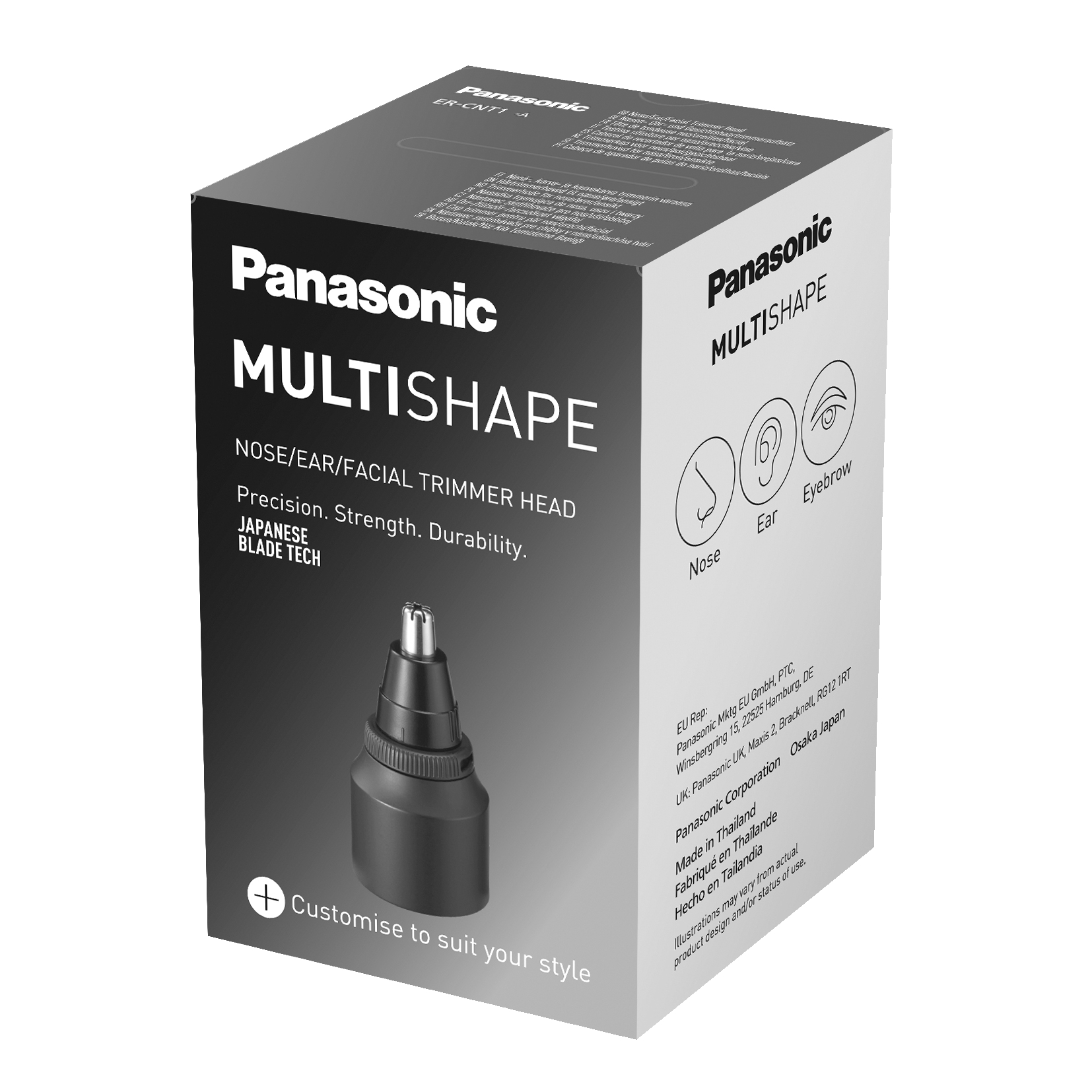 Panasonic schwarze Box mit MULTISHAPE, einem Nasen-/Ohr-/Gesichtshaartrimmerkopf und Anwendungsbeispielen.