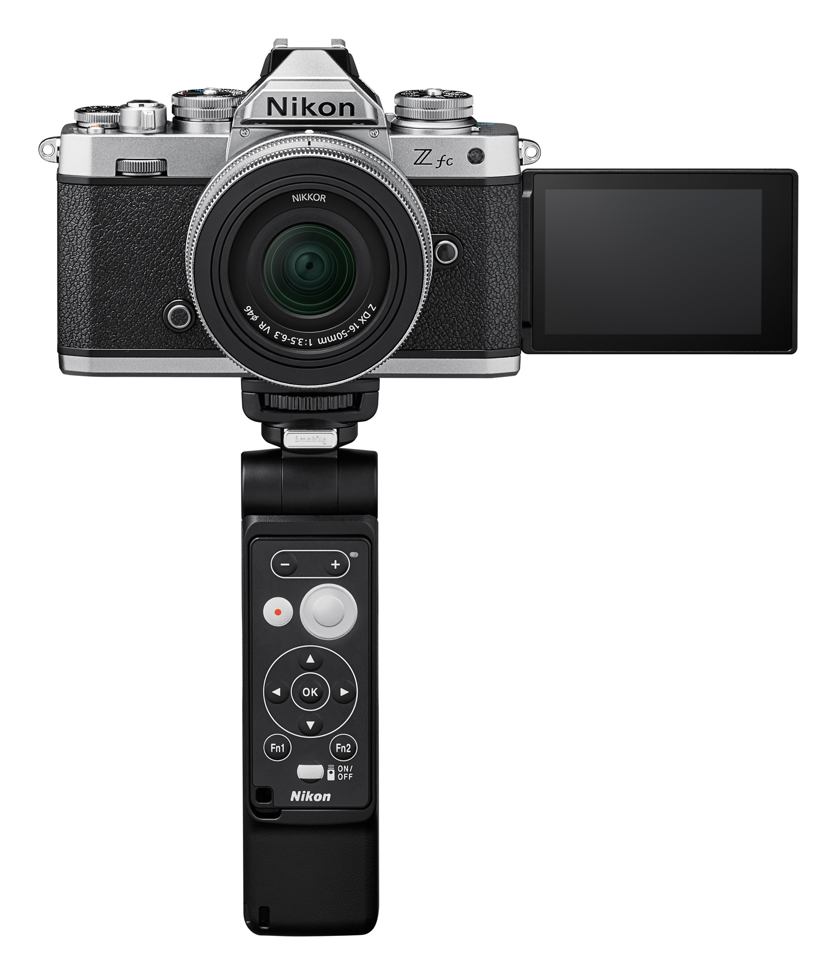 Takılı bir uzaktan kumanda ve açılır ekranlı bir Nikon Z fc kamera.