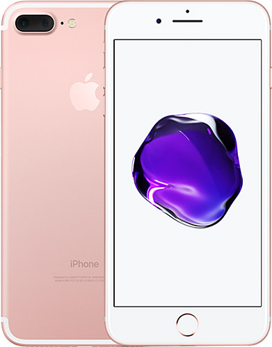 Kamera ve Apple logosu görünen pembe ve beyaz bir iPhone 7 Plus telefonu.