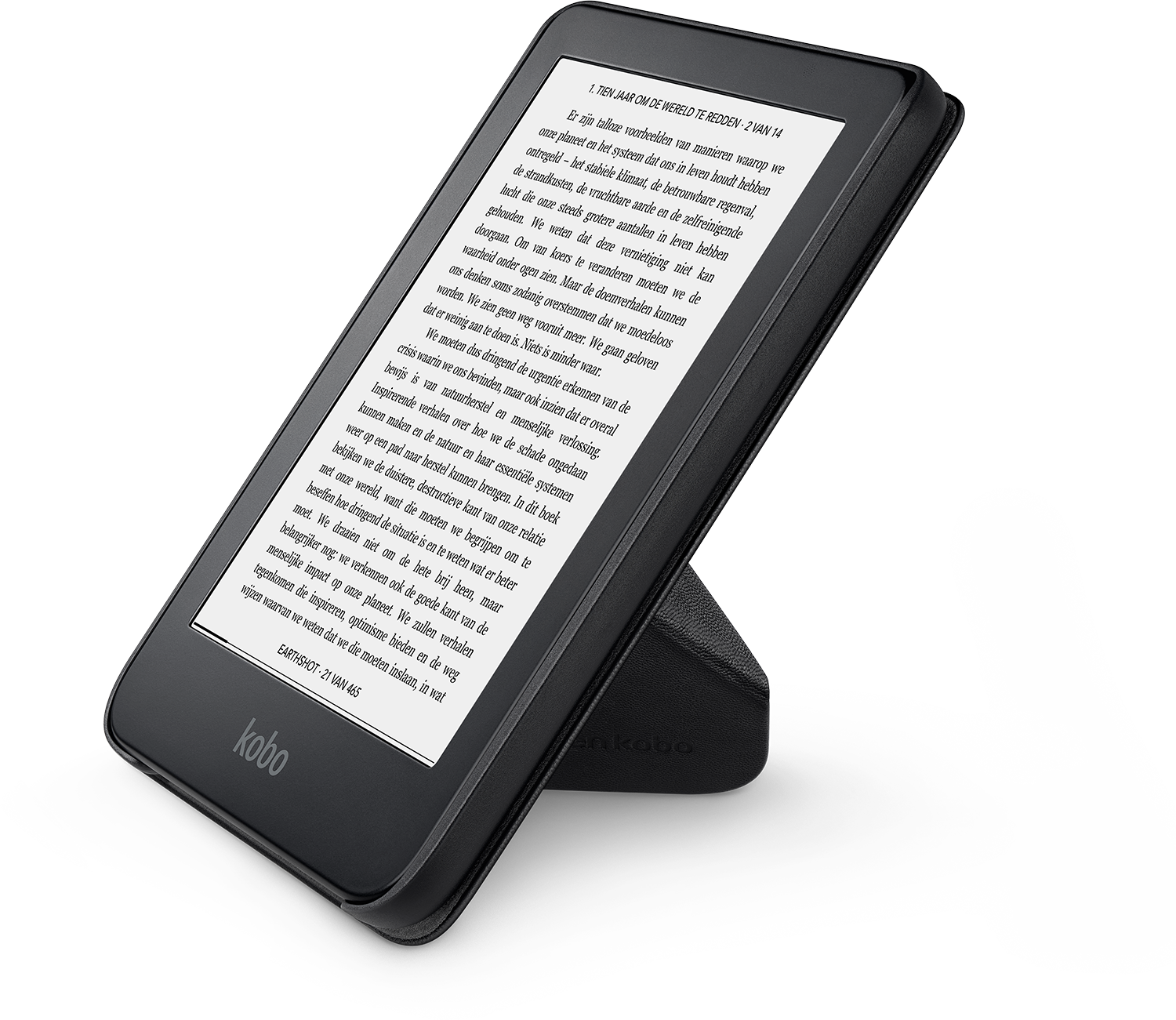 Zwarte e-reader op een standaard, met tekst. De achtergrond is wit, met een lichte schaduw op het oppervlak.