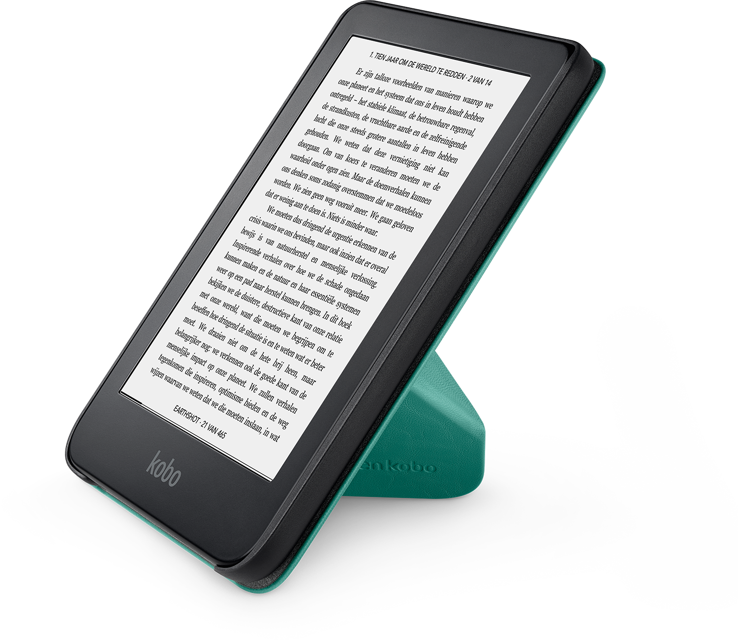Een e-reader op een standaard. Tekst op het scherm en een turquoise cover. Witte achtergrond.