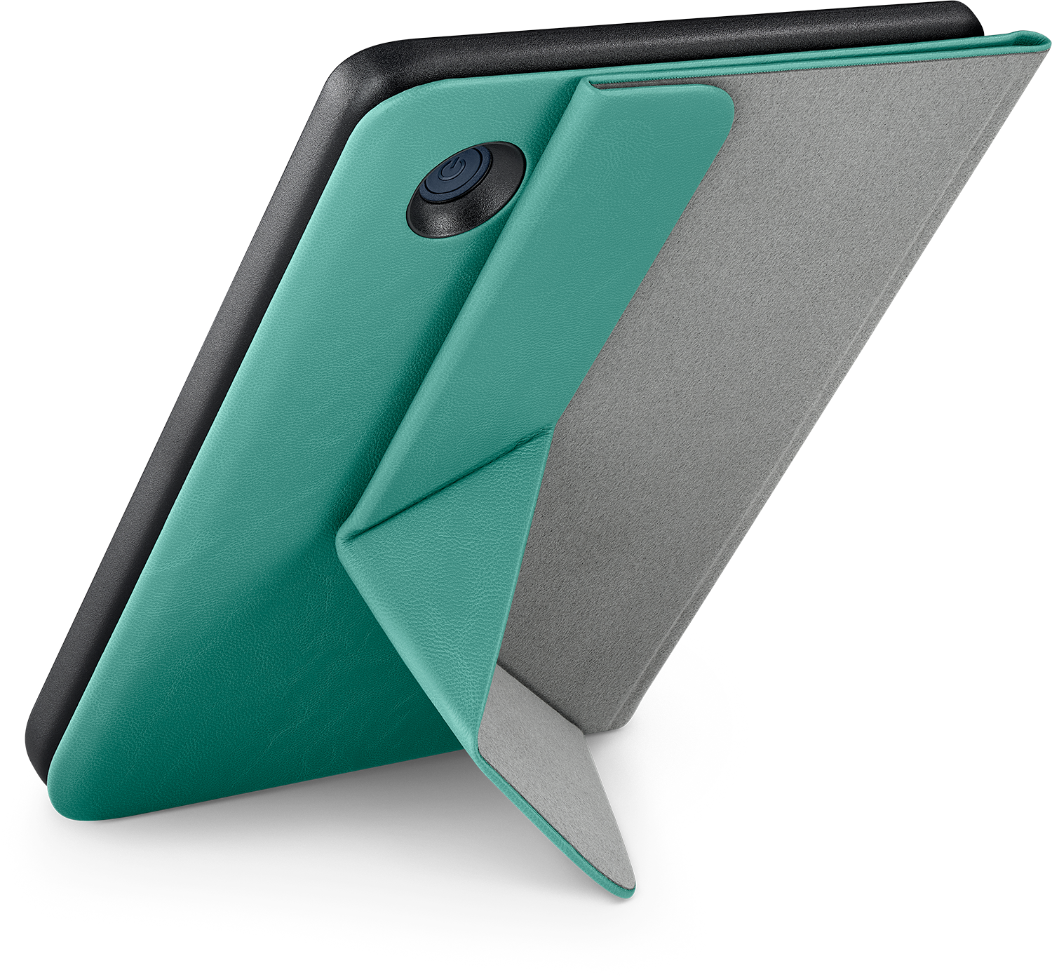 Tablet in een teal hoesje met een ingebouwde standaard. De standaard is open, grijze binnenkant.