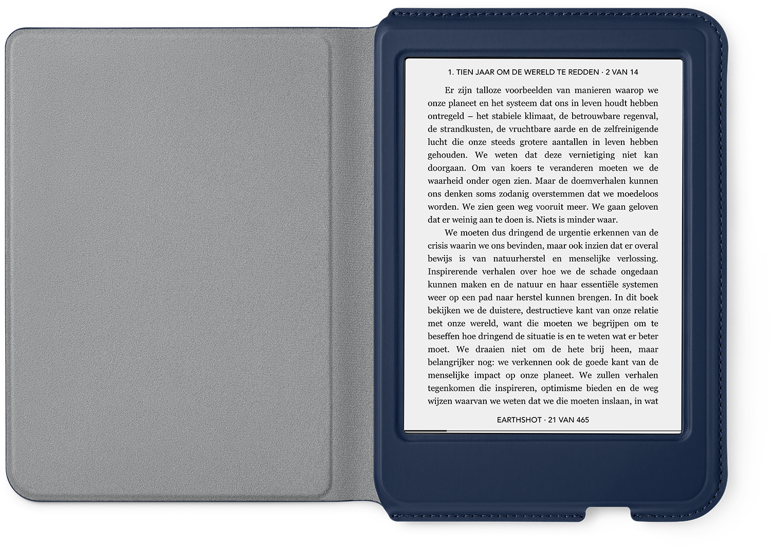 An open e-reader with text. The e-reader is in a case. Text is visible on the screen. The background is grey.