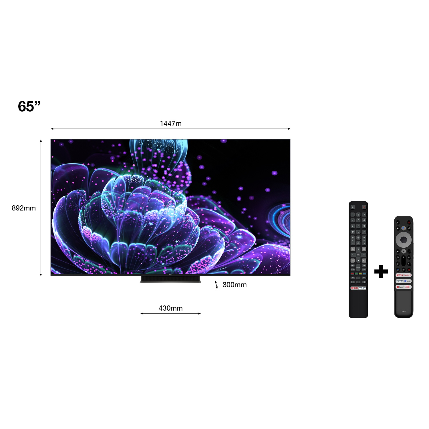 Un televisor de 65 pulgadas que muestra una imagen floral abstracta. Dos mandos a distancia están en el lado derecho.