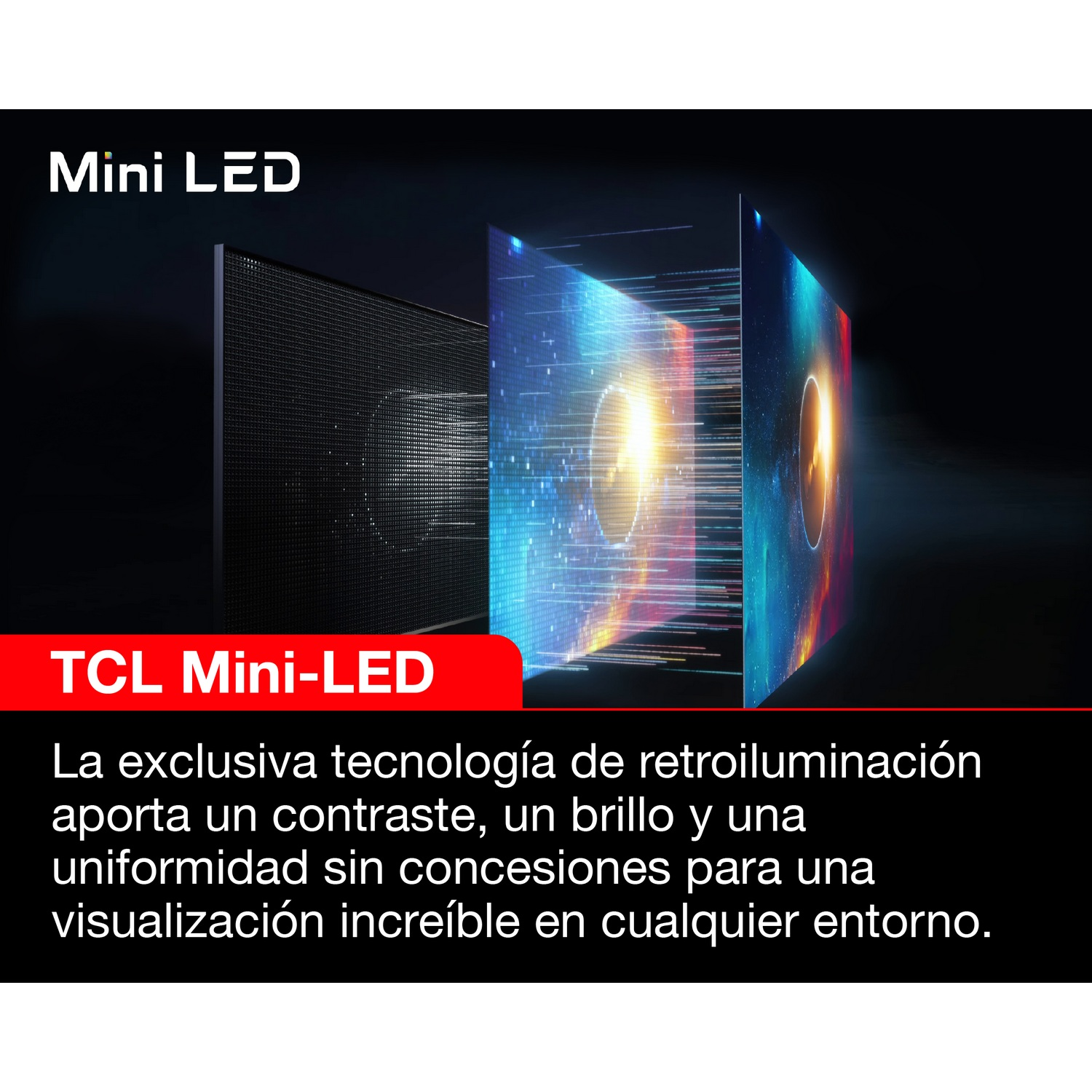 Una pantalla TCL Mini LED con un gráfico de contraste, brillo y uniformidad.