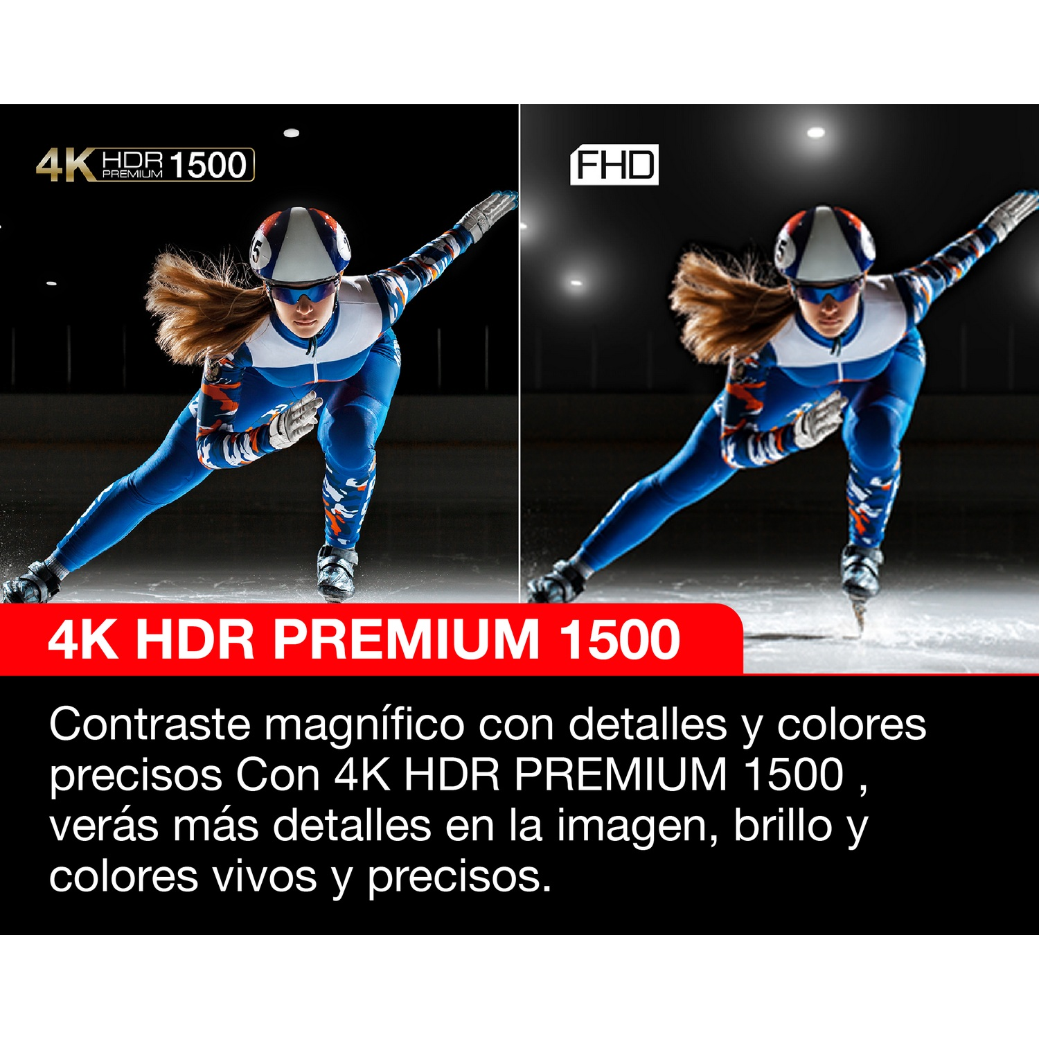 Dos imágenes de un patinador, una en 4K HDR, la otra en FHD. El texto describe la imagen 4K.
