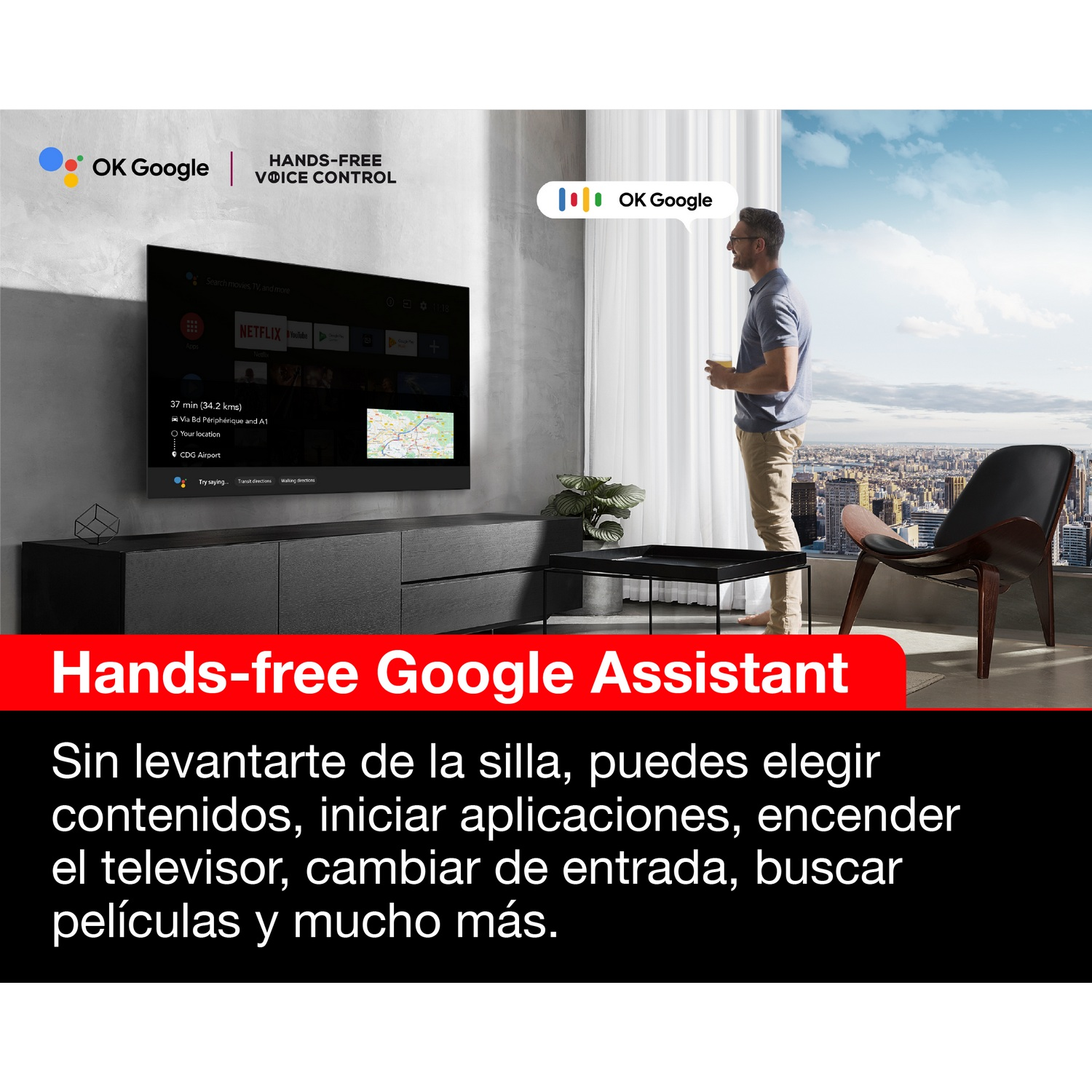 Una persona está de pie frente a un televisor, debajo se muestra texto sobre el Asistente de Google manos libres.