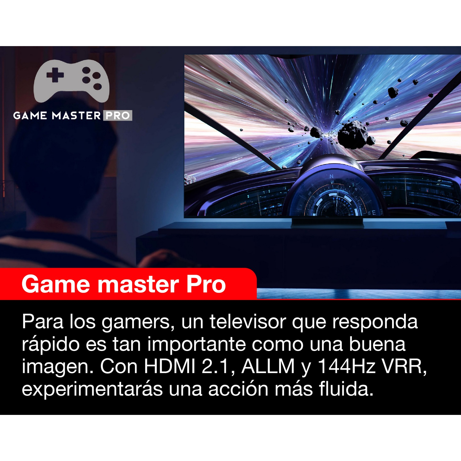 Una persona mirando un televisor con una escena espacial. El logo Game Master Pro es visible.