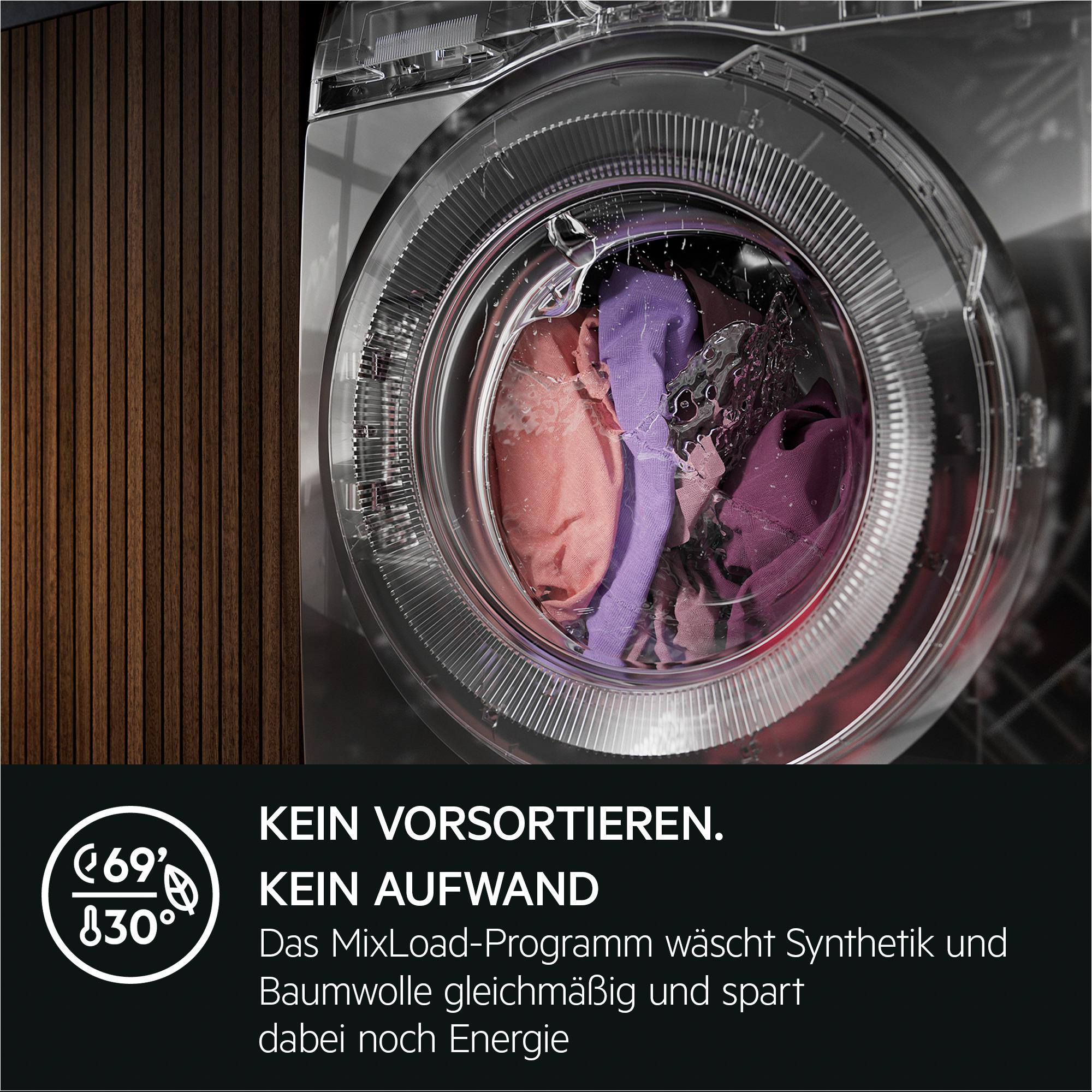 Waschmaschine mit Kleidung. Holzpaneel-Hintergrund. Text auf Deutsch.