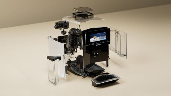 Kaffeemaschine Explosionsansicht. Teile der Maschine werden separat gezeigt.