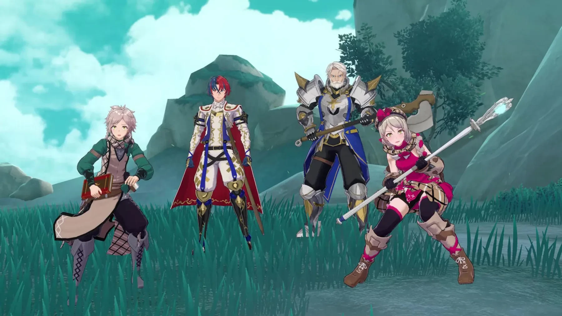 Gruppo di quattro personaggi animati in un campo verde, pronti per la battaglia.