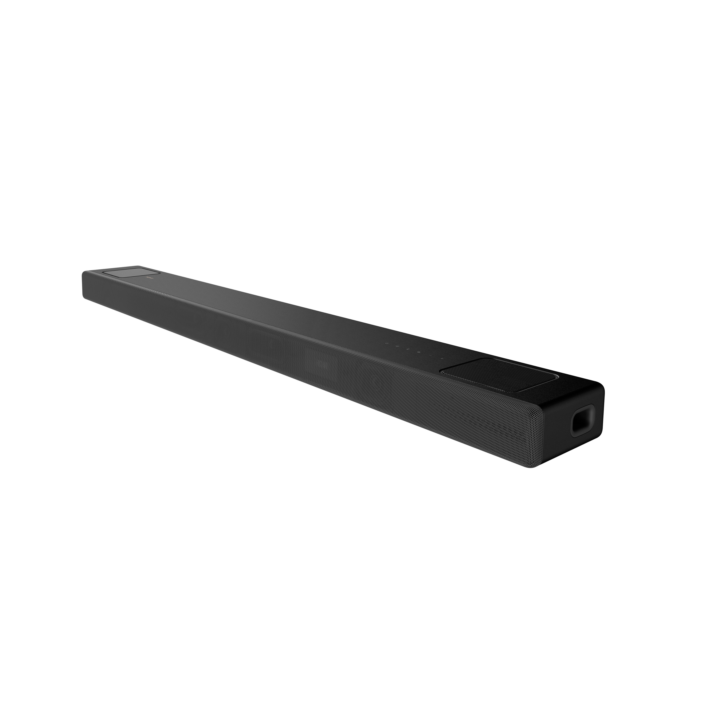 Een zwarte soundbar op een witte achtergrond. Het heeft een slanke, rechthoekige vorm met een rooster aan de voorkant.