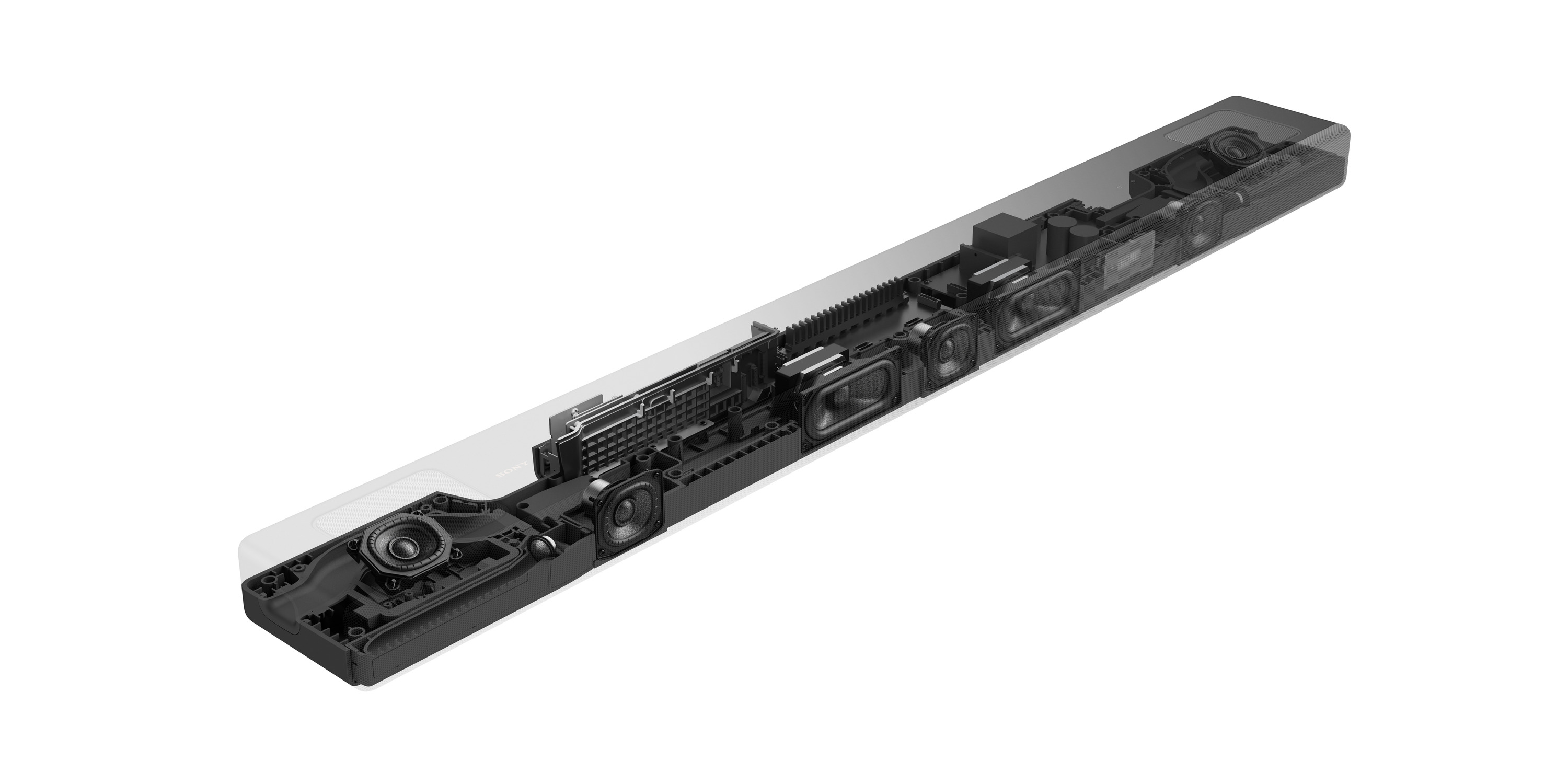Doorsnede van een zwarte soundbar met interne luidsprekers en componenten op een witte achtergrond.