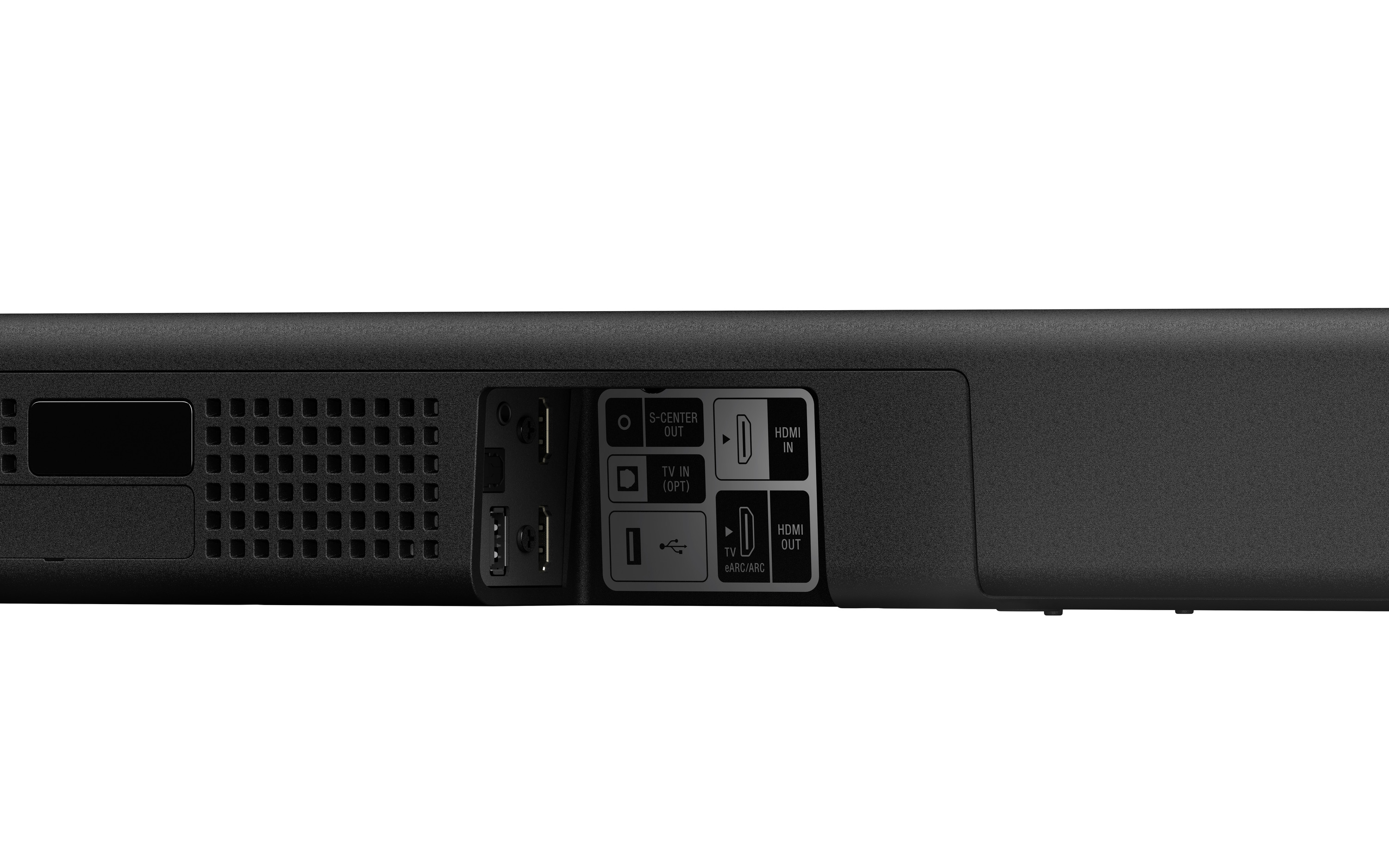 Achterpaneel van een zwarte soundbar, met diverse input/output poorten. Geïsoleerd.