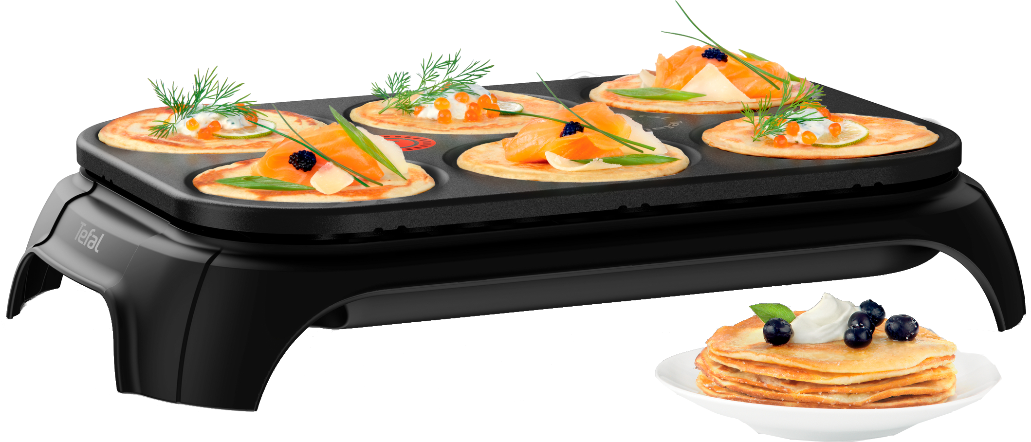 Une plaque électrique avec des mini-crêpes avec garnitures et une pile.