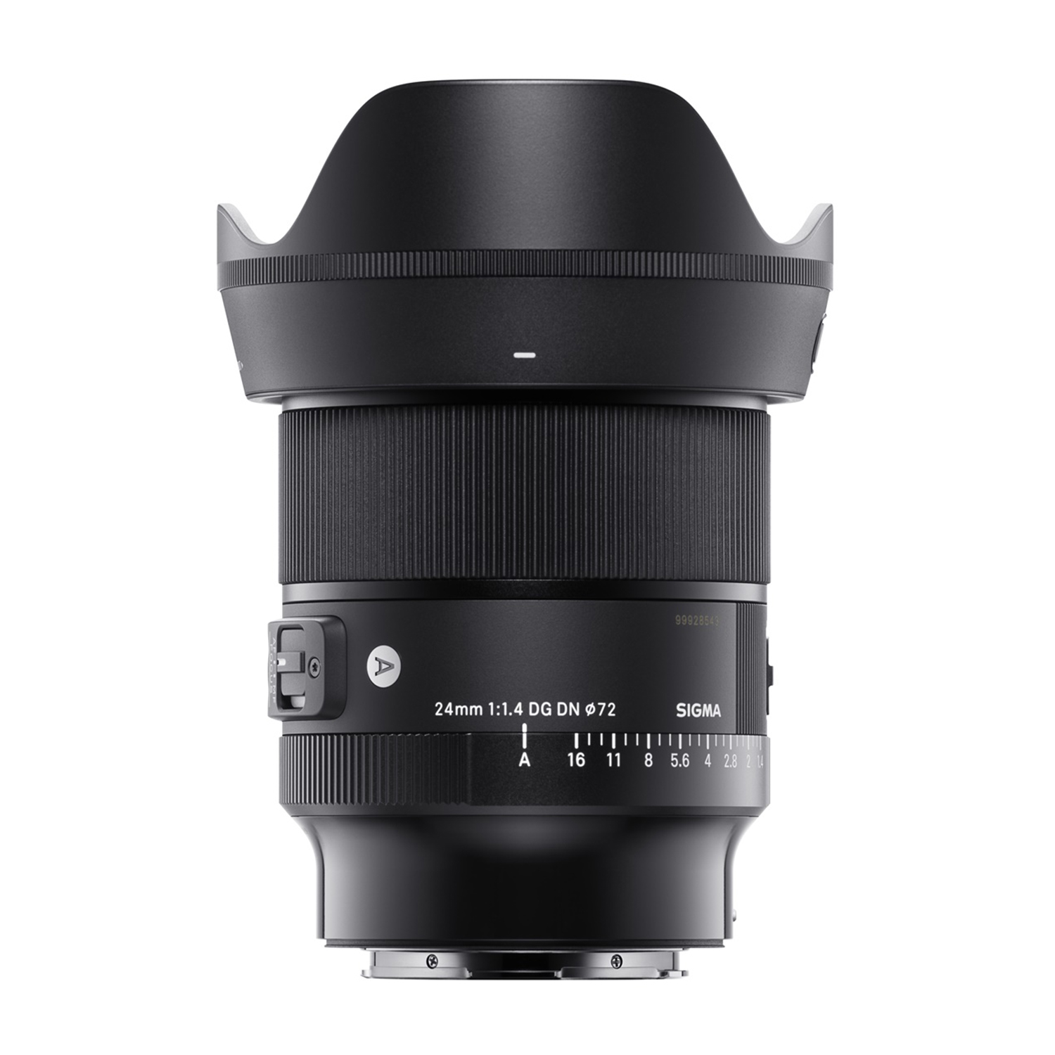 Un obiettivo Sigma 24mm f/1.4 nero con paraluce. È un obiettivo professionale per fotocamera.