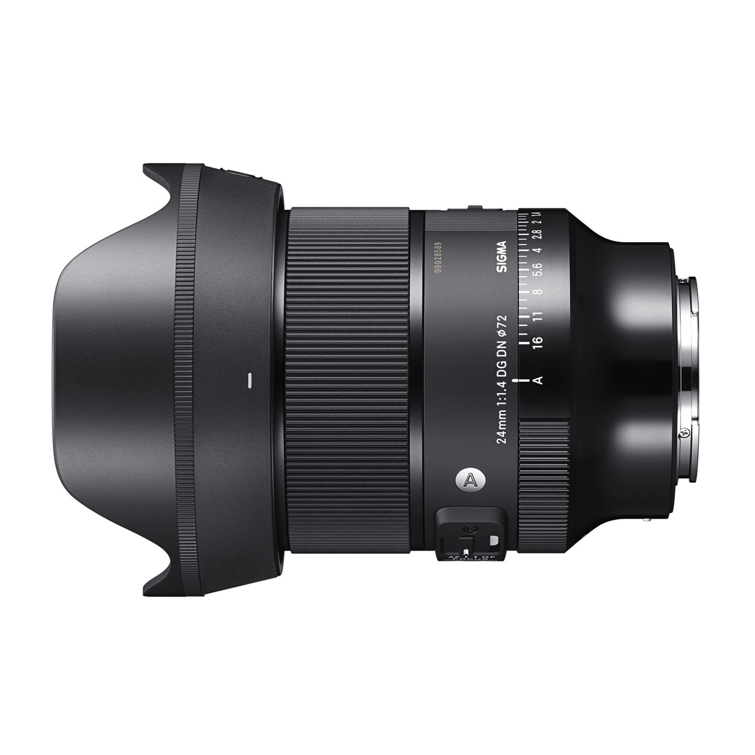 Obiettivo nero. Un obiettivo per fotocamera nero con marcature di lunghezza focale e apertura sul lato.