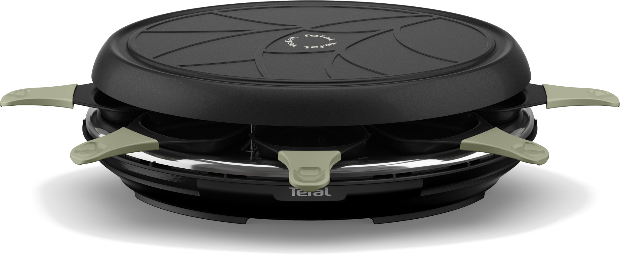 A black raclette grill with several small pans and handles. It is on a white background.