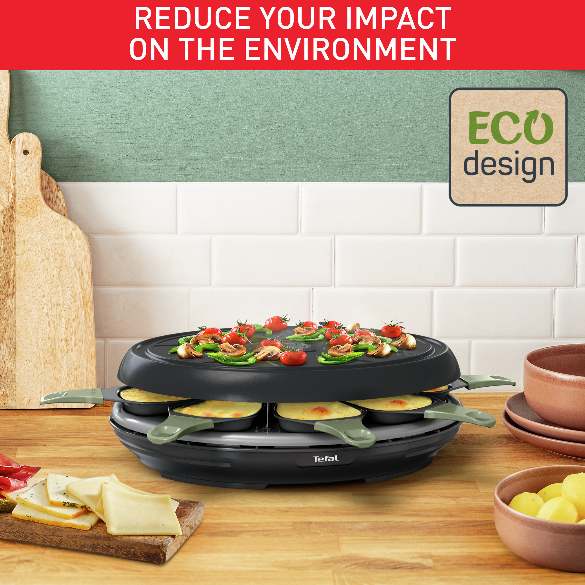 Raclette grill with vegetables, cheese, and tomatoes on top. Includes text 'Reduce your impact'.