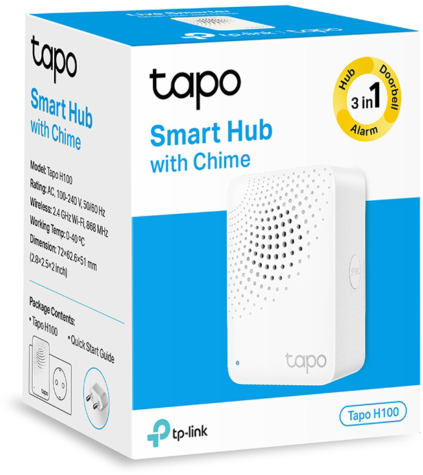 Fehér Tapo Smart Hub doboz okos hubbal és gyors útmutatóval, hub, csengő és riasztás ikonnal.