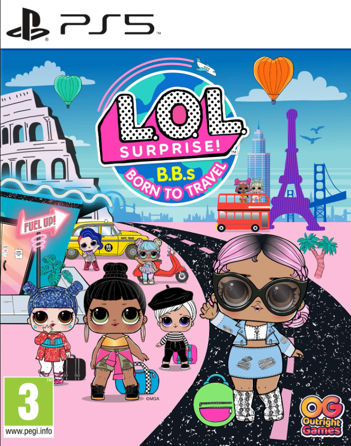LOL Surprise! Born to Travel PS5 gamecover met cartoonfiguren.
