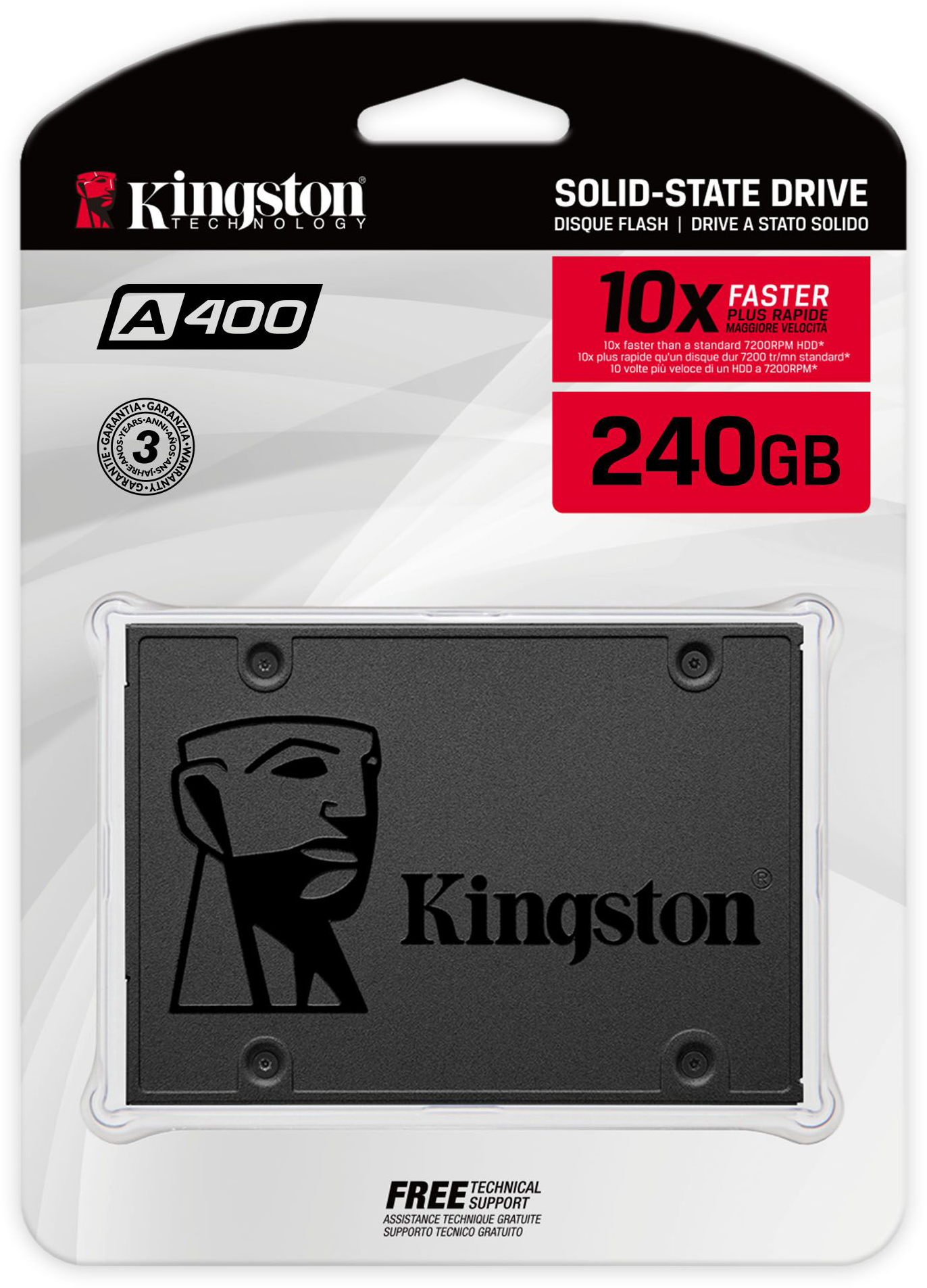 SSD csomag. Fekete SSD belül. Jellemzők: Kingston A400, 240GB, és SSD meghajtó.