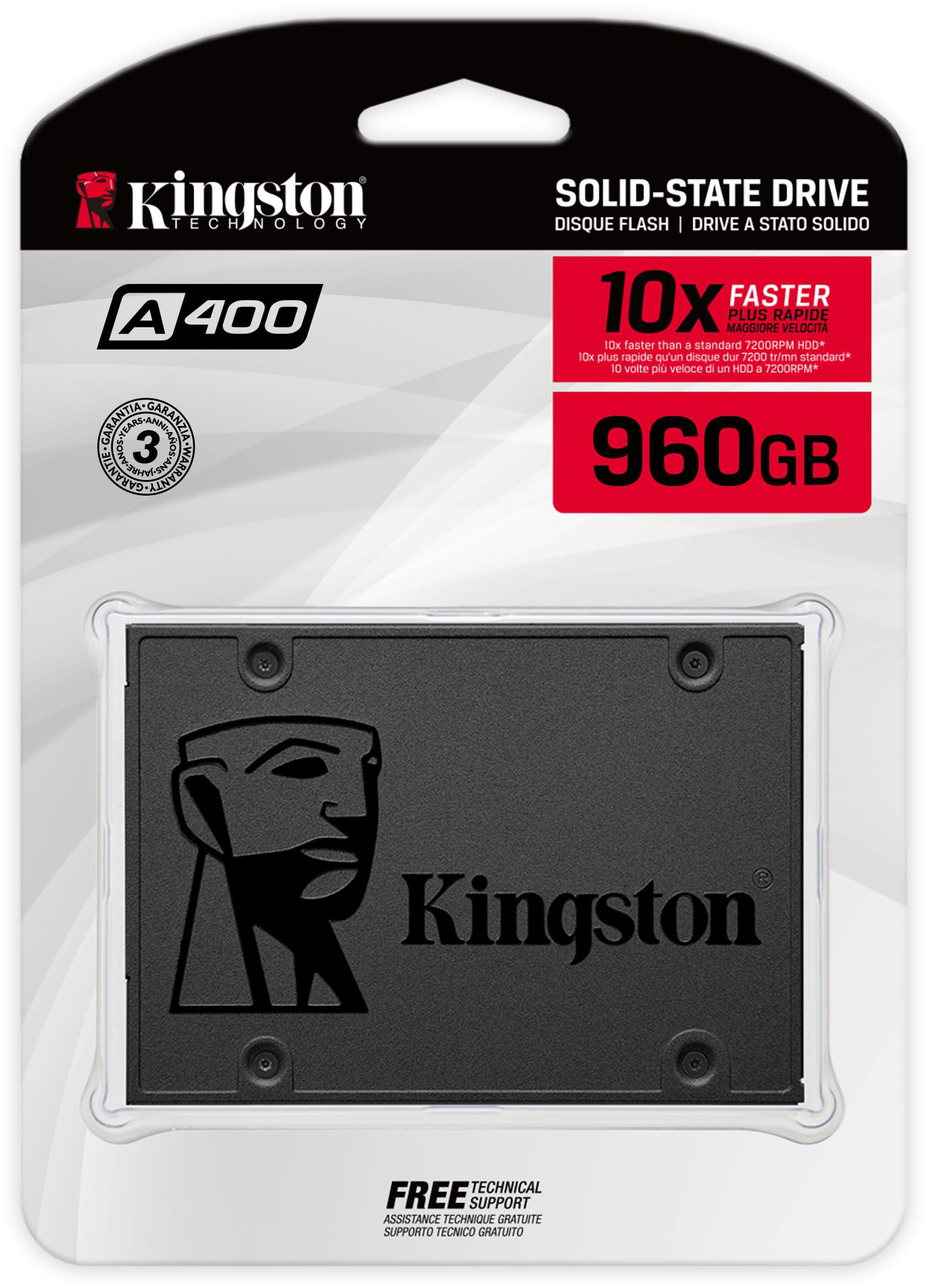 Egy Kingston SSD műanyag csomagolásban. A címke a márkát és a tárolókapacitást mutatja.