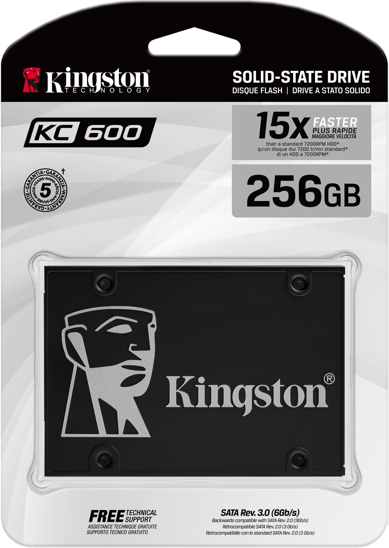 SSD csomagolás. Fekete SSD átlátszó műanyag tokban. Szöveg: Kingston KC600, 256GB, 15X gyorsabb.