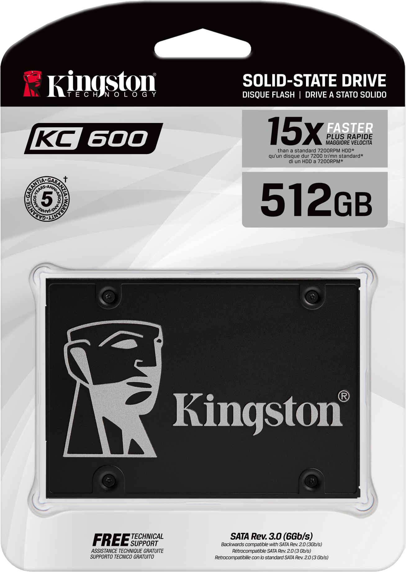 Egy Kingston KC600 SSD csomagolásban. A csomagoláson szöveg és egy ember grafikája látható.