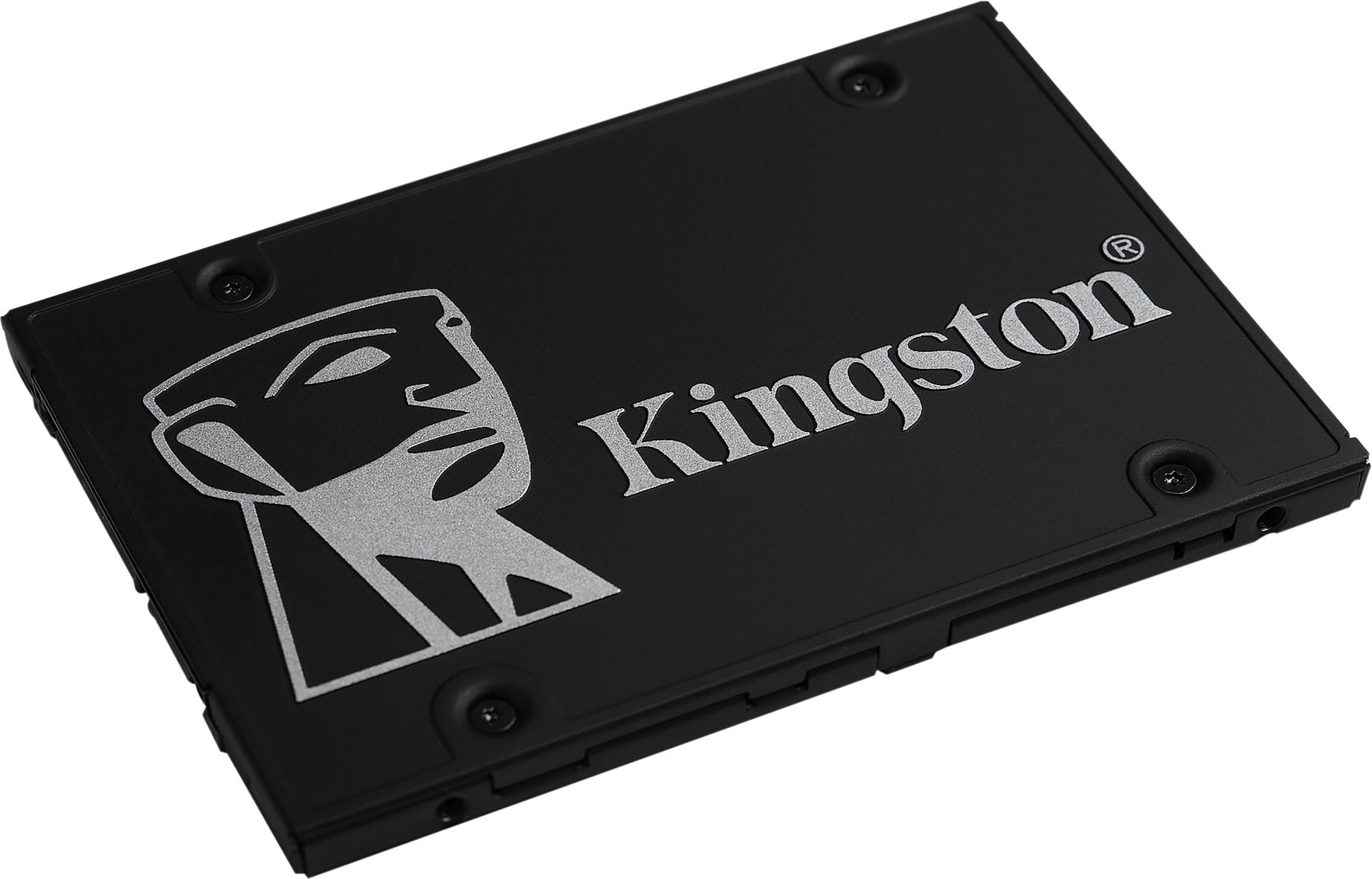 Kingston SSD. Egy fekete Kingston SSD a Kingston logóval és csavarokkal. Fekete háttér.