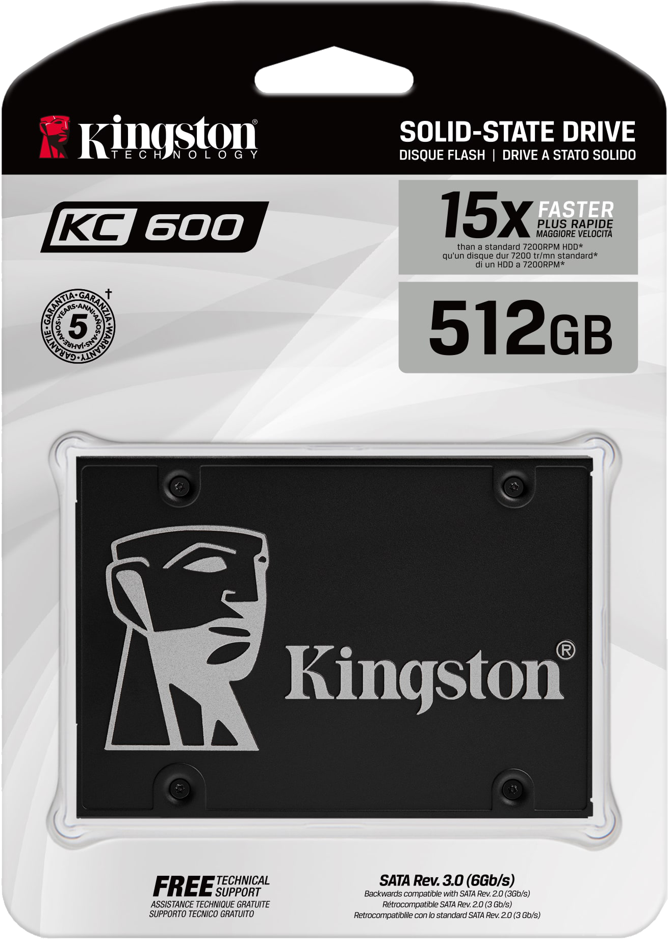 Kingston SSD csomagolás. Fekete SSD egy átlátszó tokban, KC600, 512 GB felirattal és logóval.